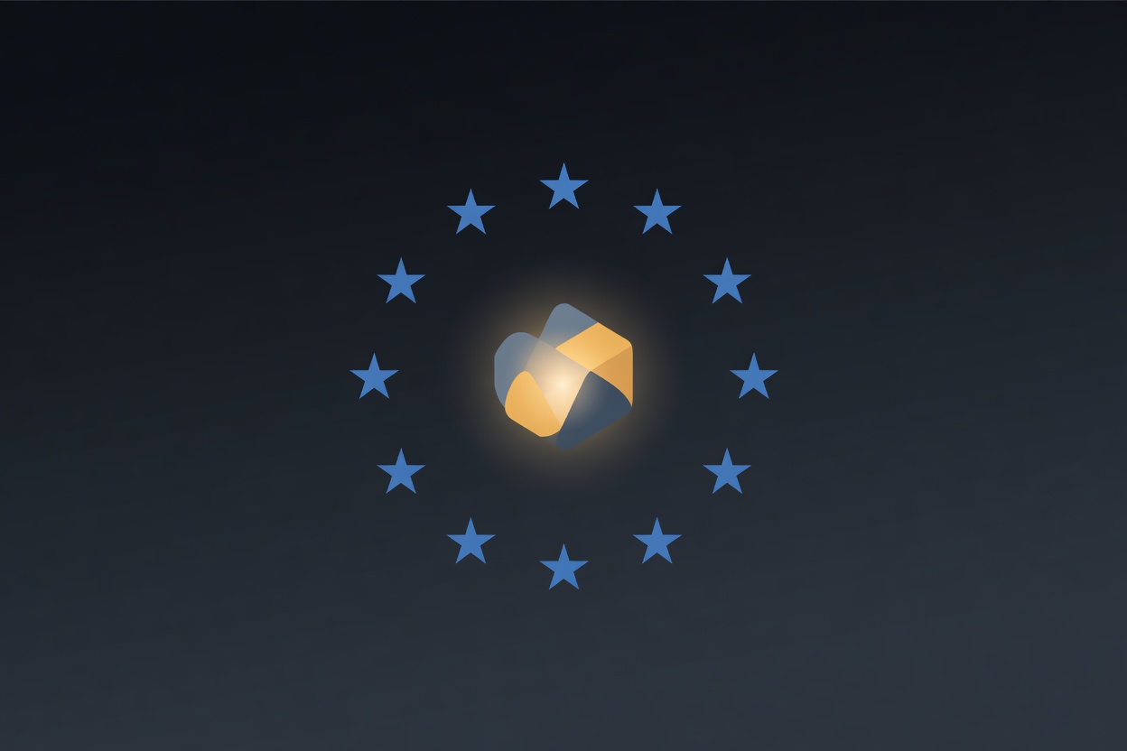 A minimalist blue EU star ring surrounding an abstract glowing agent node, representing European AI sovereignty