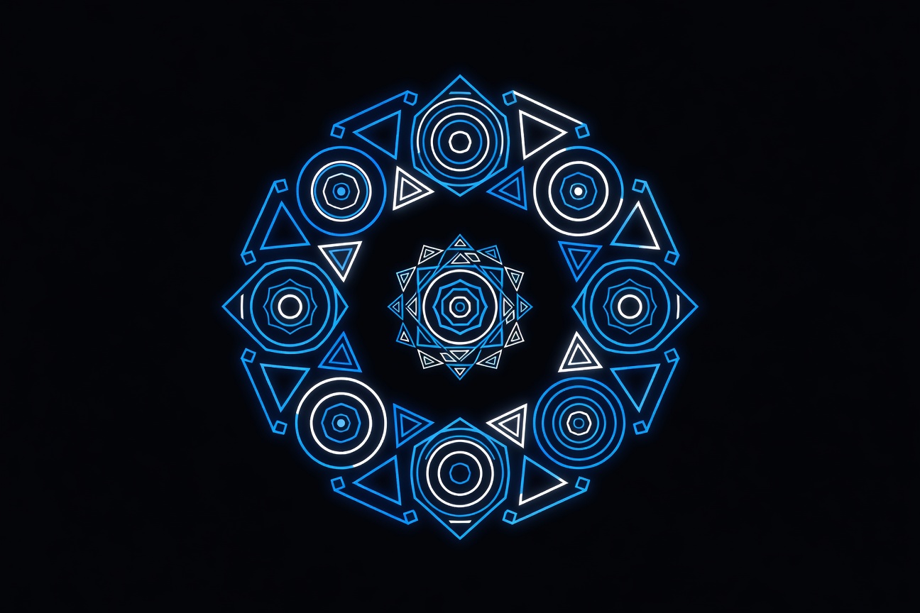 A spiral of nested geometric shapes growing larger and more complex, symbolizing recursive self-improvement