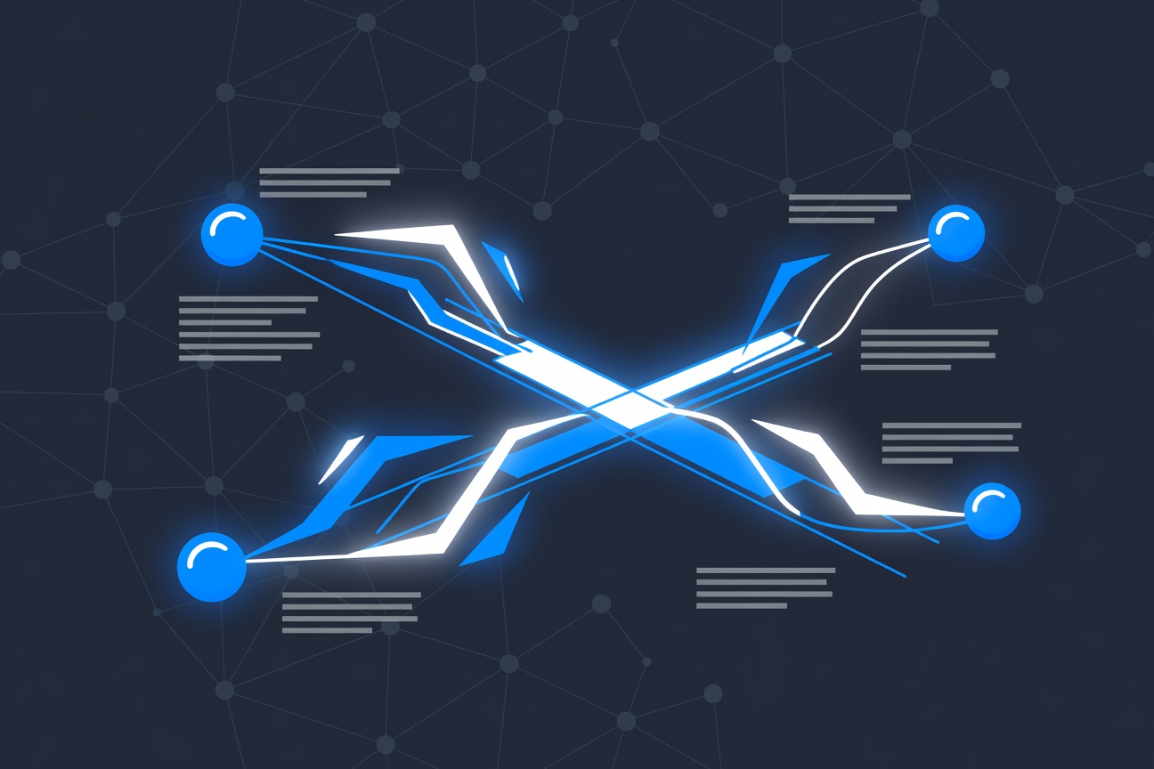 Abstract connected nodes passing glowing vector embeddings through a two-layer bridge structure, bypassing text blocks, on a dark neural-network background