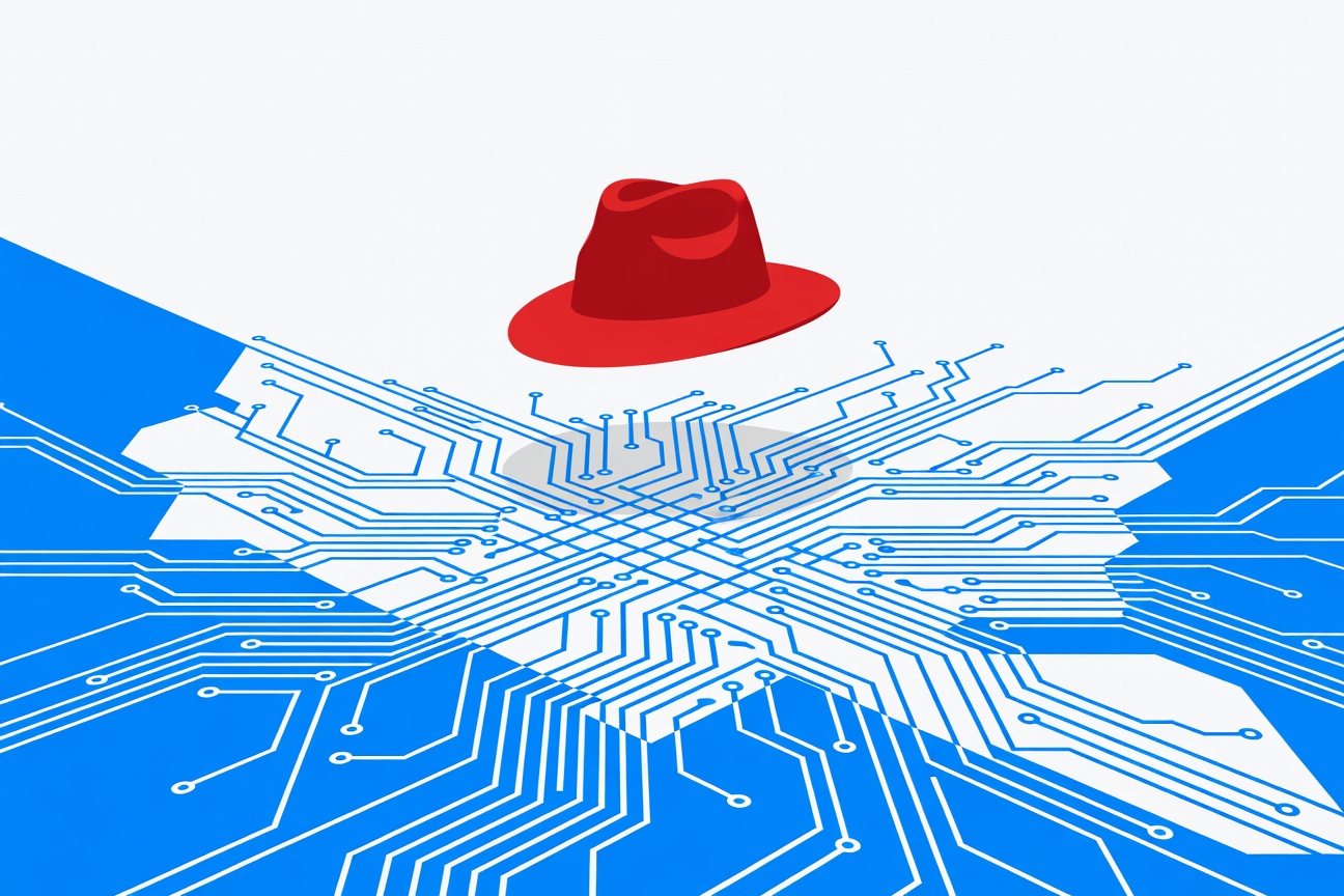 A stylized red fedora hat hovering above an intricate circuit board lattice that forms neural pathways, symbolizing an AI-native Linux ecosystem