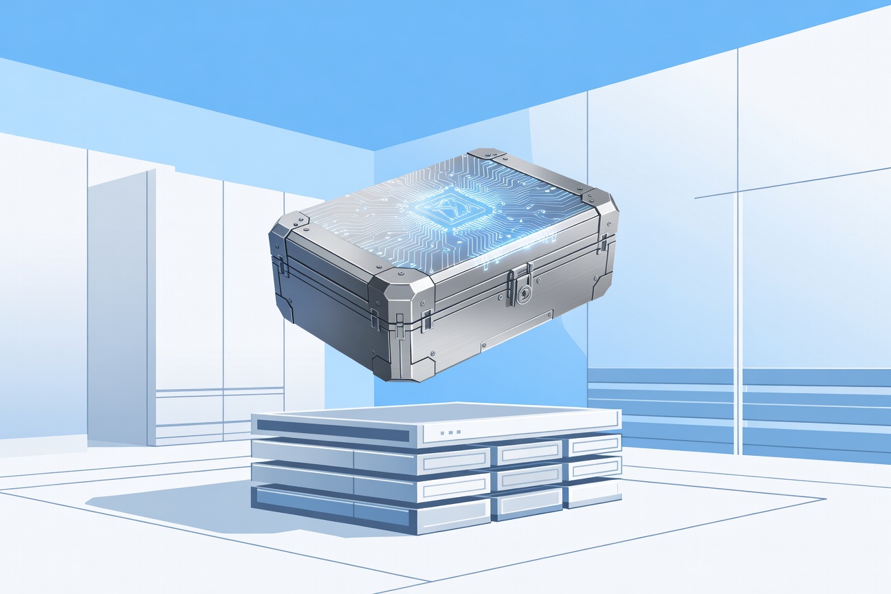 A secure metal container with a glowing AI circuit pattern, floating above a server rack in a clean data center environment
