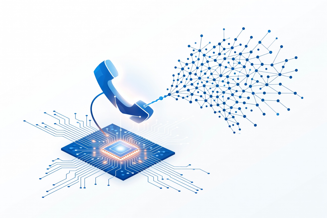 Abstract illustration of a glowing telephone handset wired into a neural circuit board, representing AI-powered outbound phone calls