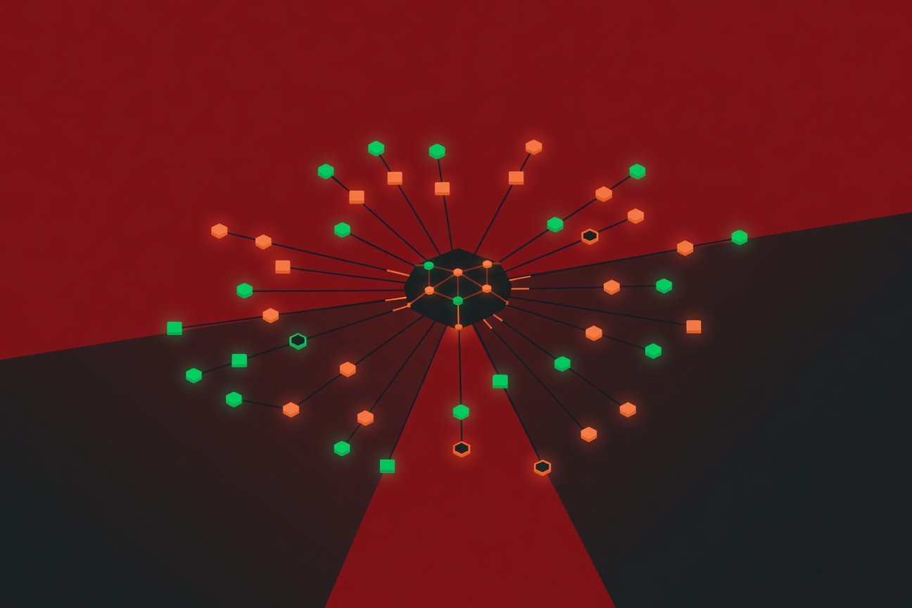 A minimalist organization chart with glowing AI agent nodes being managed by a central hub, abstract vector illustration on dark background