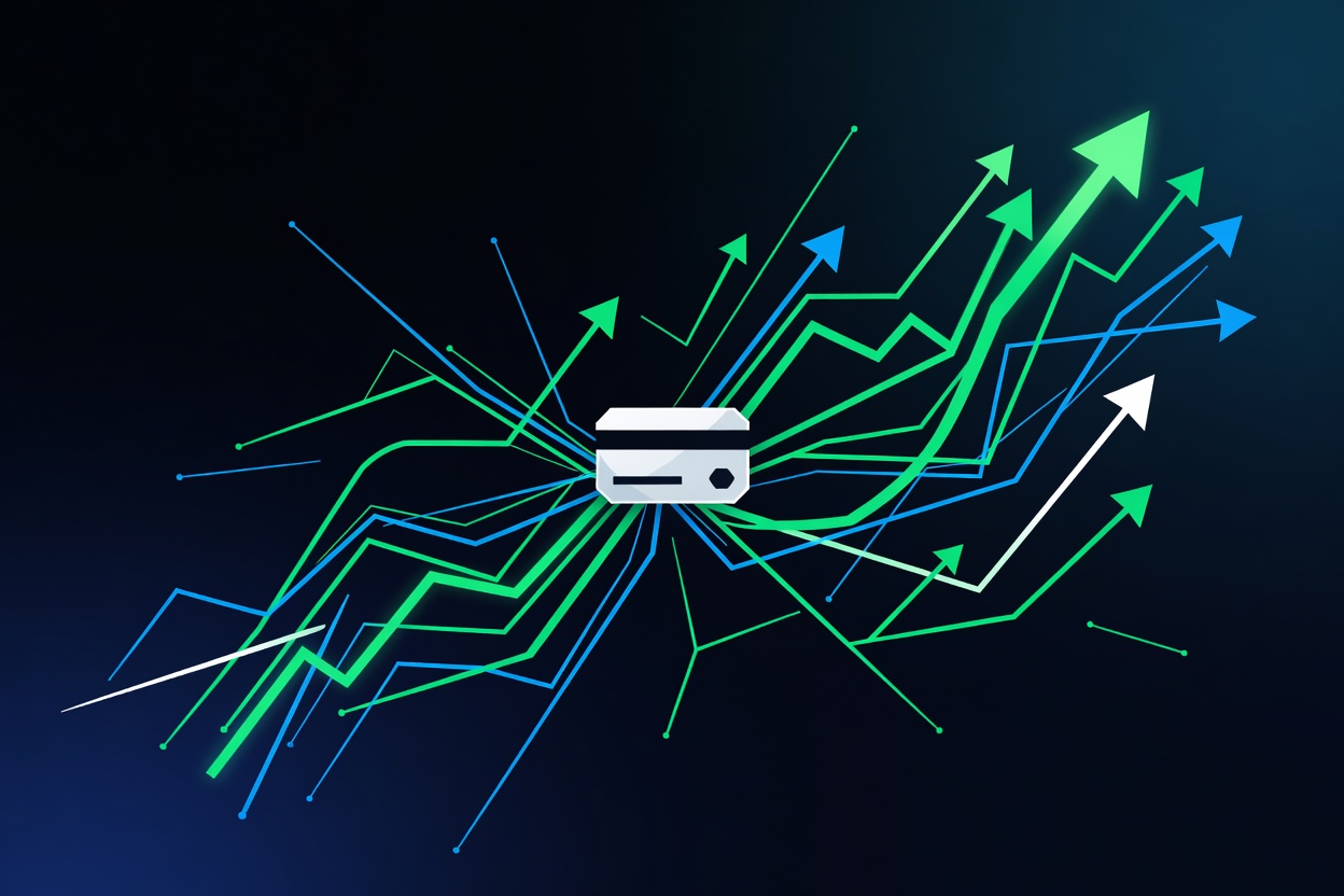 Abstract visualization of glowing neural network pathways connecting to trading chart symbols and a credit card outline on a dark background