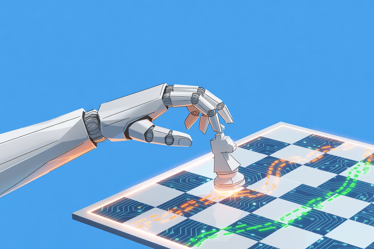 A robotic arm placing chess pieces on a stock market board with circuit patterns glowing beneath