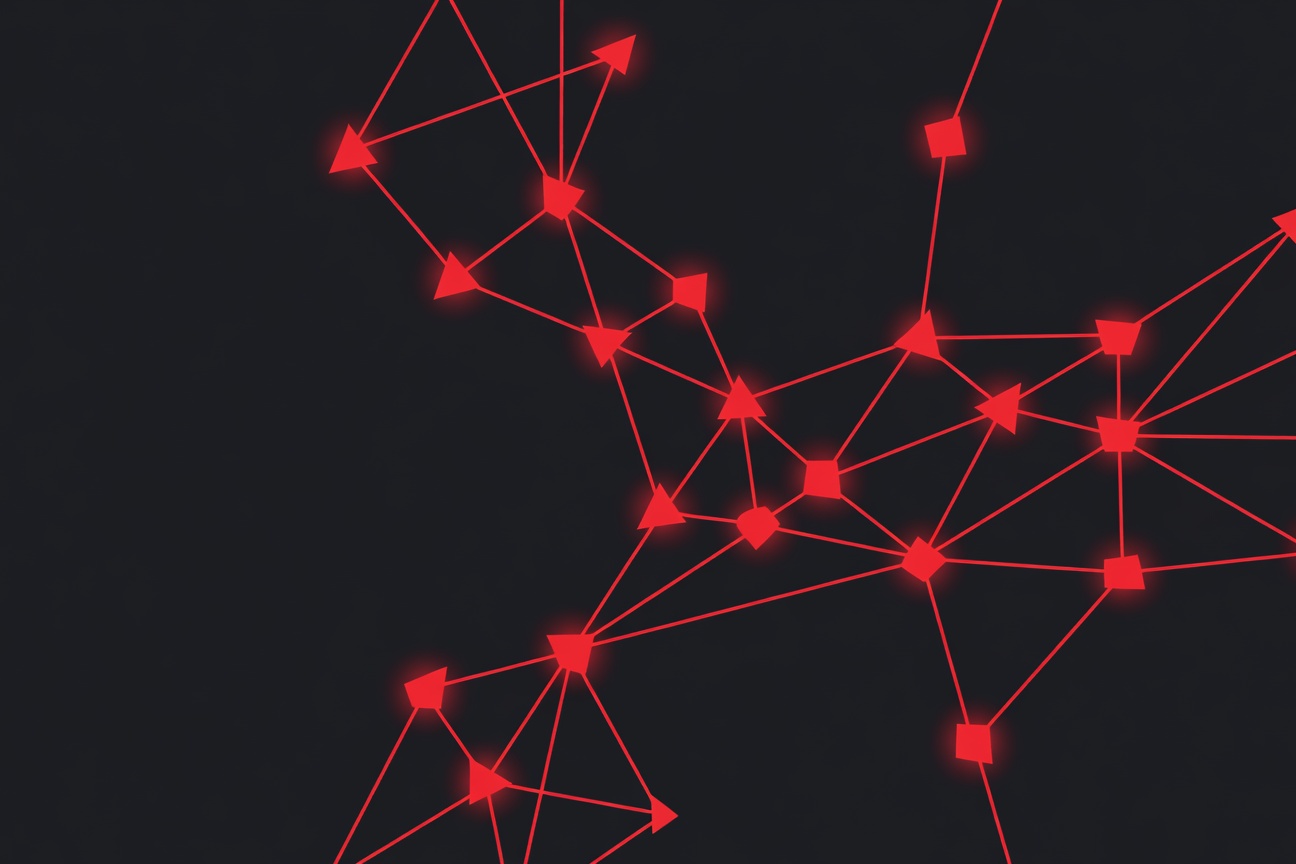 Abstract network of glowing red nodes forming a web, symbolizing rogue AI agent cooperation