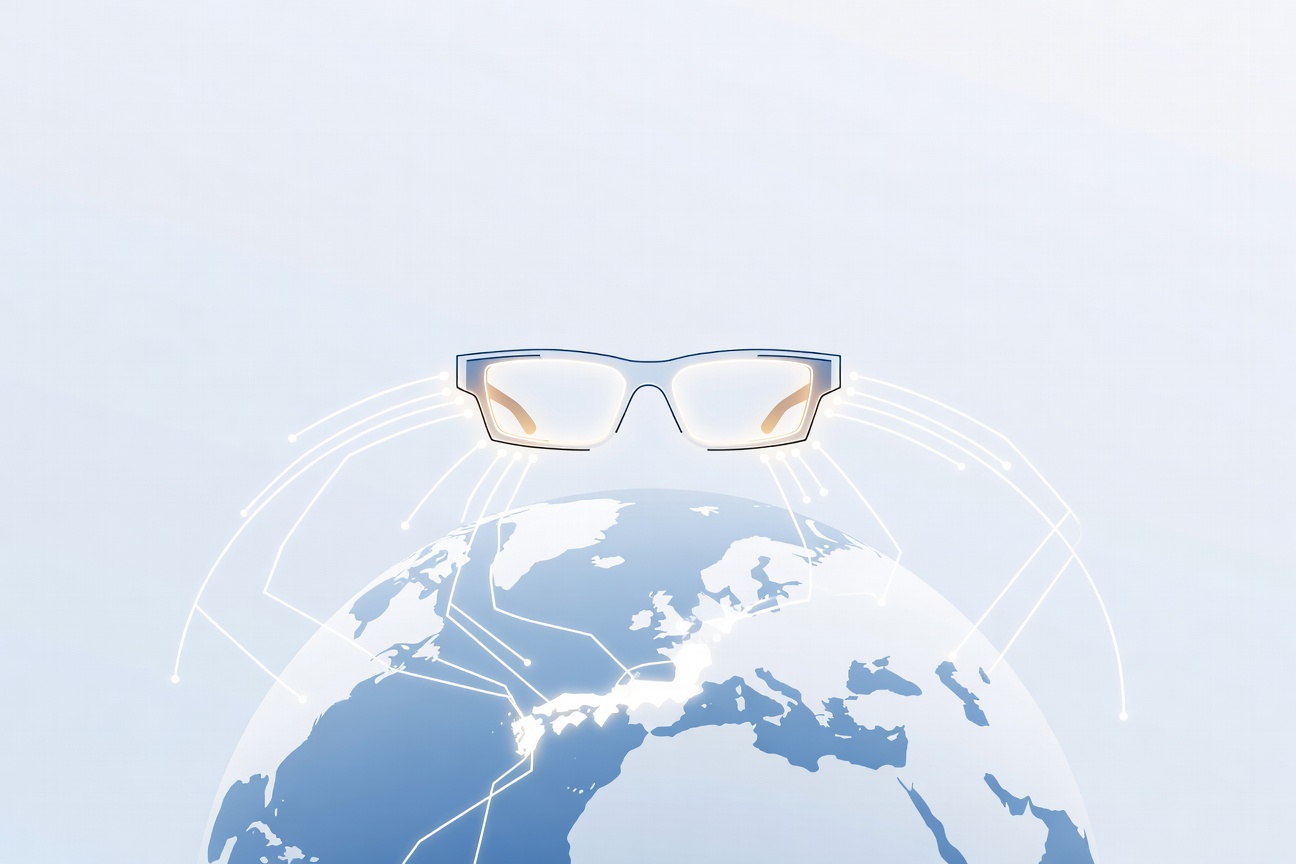 Futuristic AI glasses floating above a globe with glowing connection lines between Japan, Europe, and a central AI node