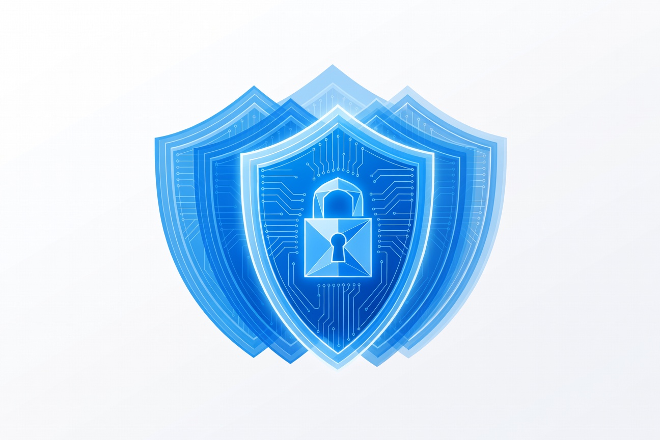 Abstract layered shield with glowing circuit paths and a central lock icon, representing multi-layer AI security at enterprise scale