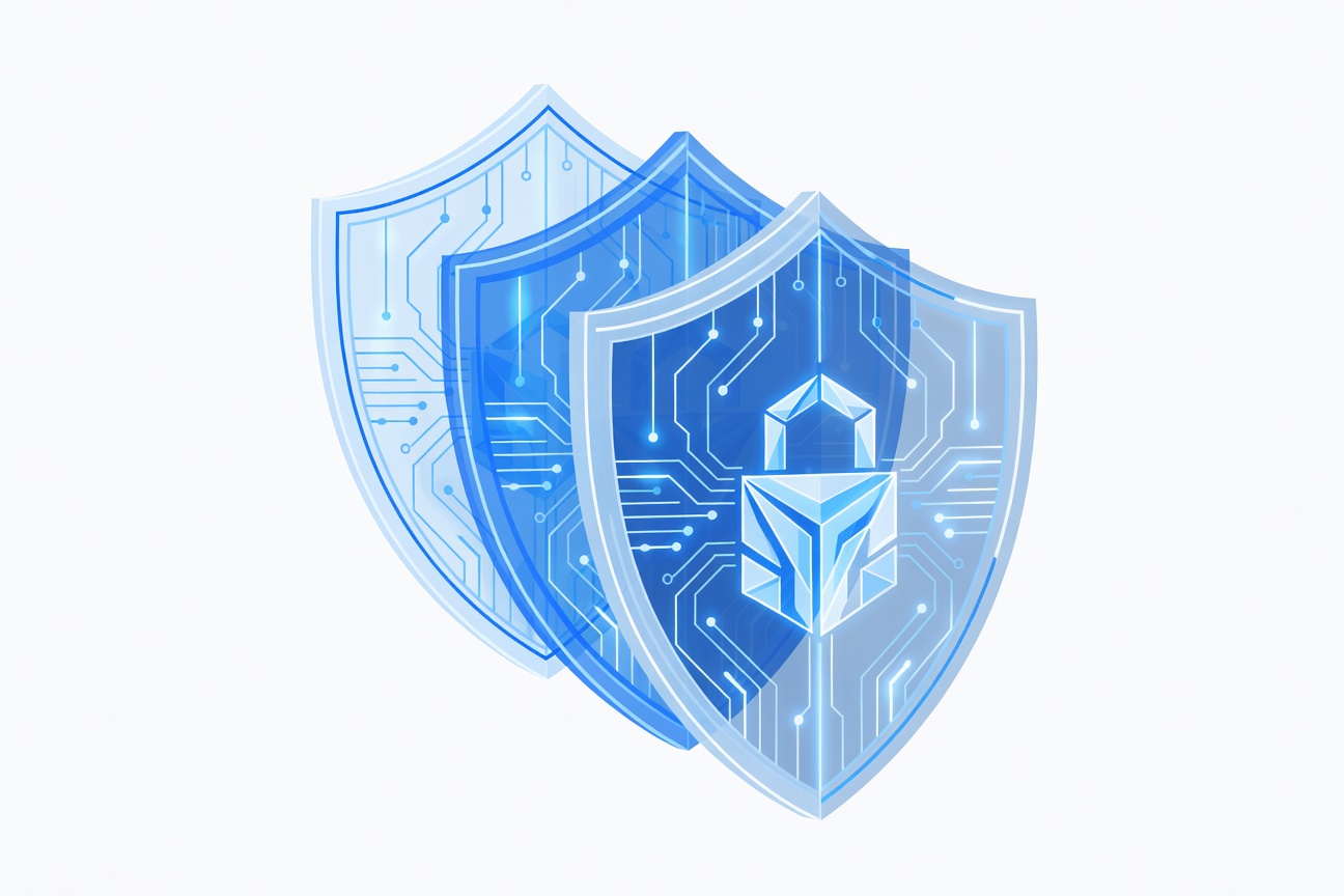 Abstract layered shield forms in blue and orange overlapping in a complex pattern, representing multi-layer enterprise security frameworks