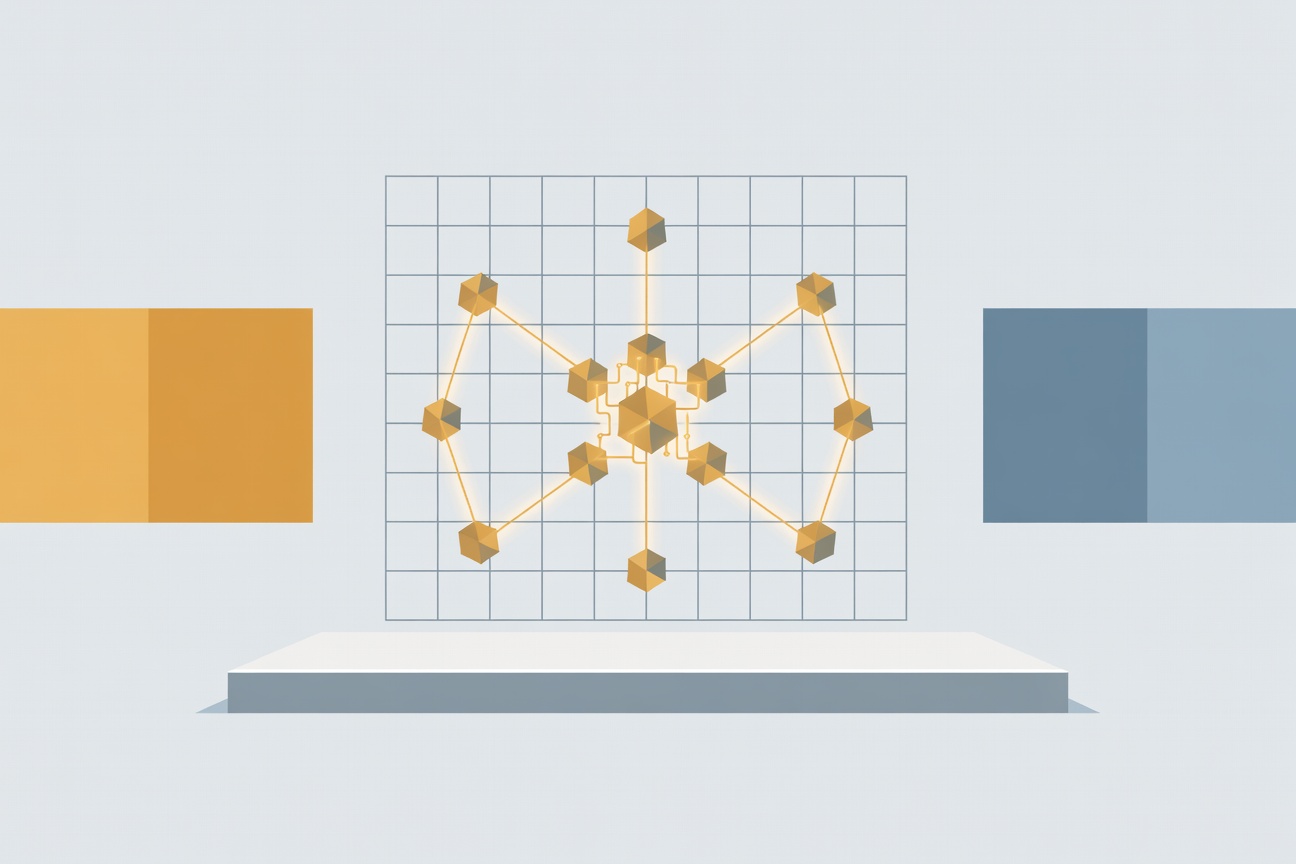 Abstract flat illustration of a glowing shield with a lock icon at the center, surrounded by small robot agent silhouettes in a hexagonal grid pattern