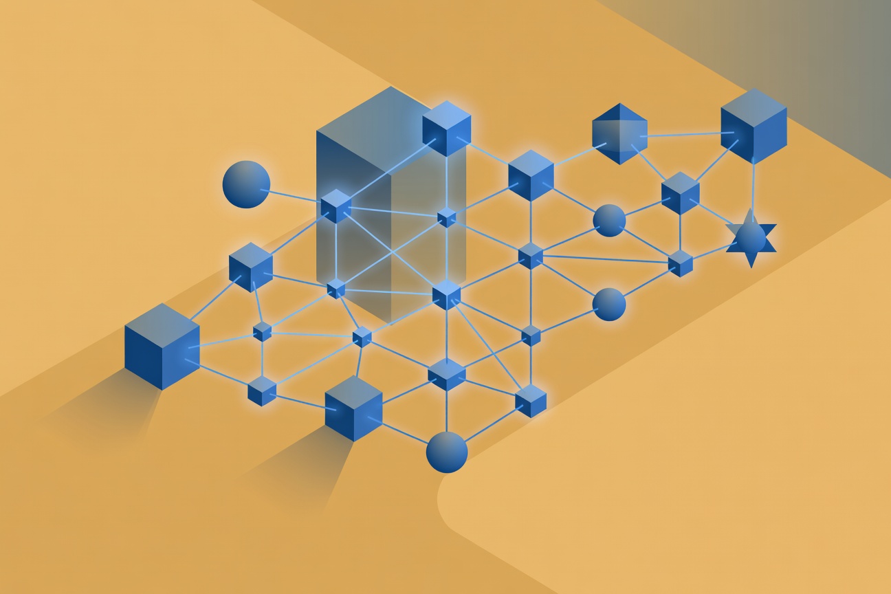 Interconnected geometric nodes forming a security mesh, glowing blue lines on dark background, abstract identity graph