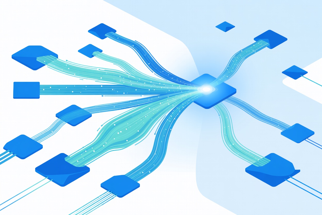 Abstract depiction of many specialist models converging into one unified API endpoint — glowing streams of data from multiple distinct nodes merging into a single bright output, ocean blue and aquamarine tones