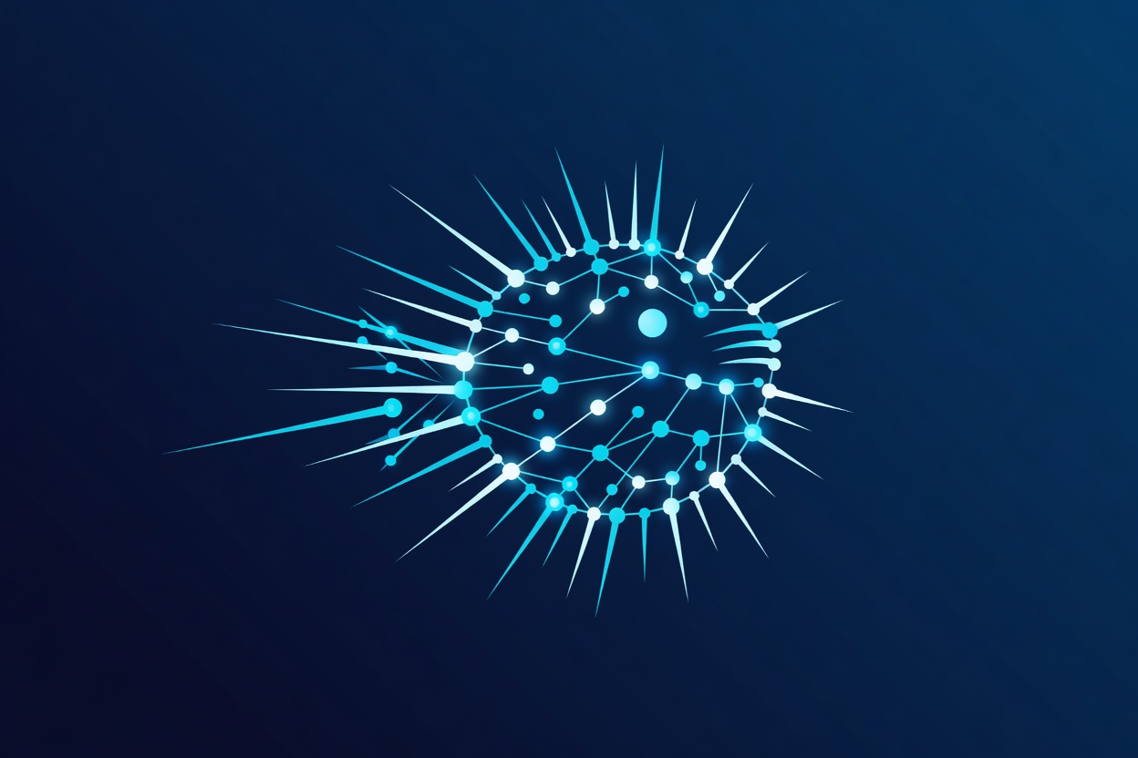 A pufferfish-shaped abstract form made of glowing interconnected model nodes, expanding outward in a deep blue space