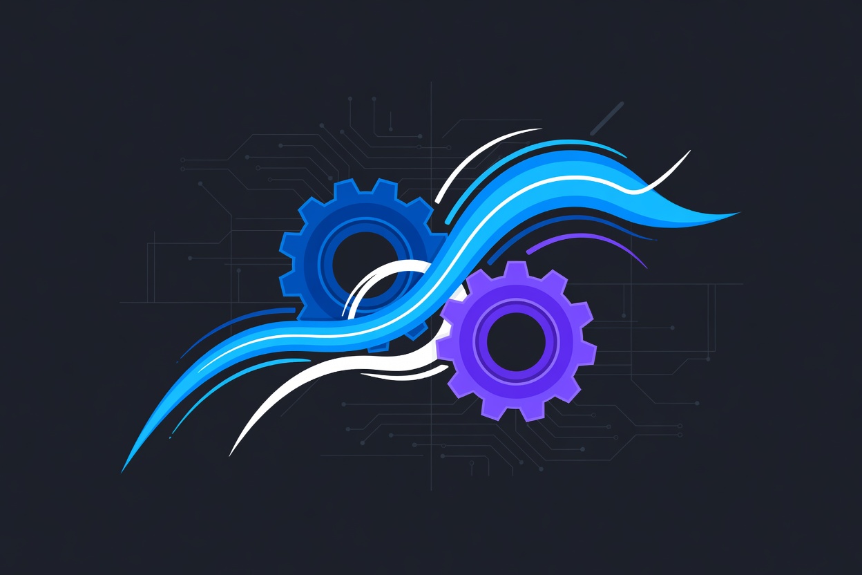 Two abstract gear systems merging together, one in Salesforce blue and one in Fin purple, with flowing data streams connecting them against a dark enterprise backdrop