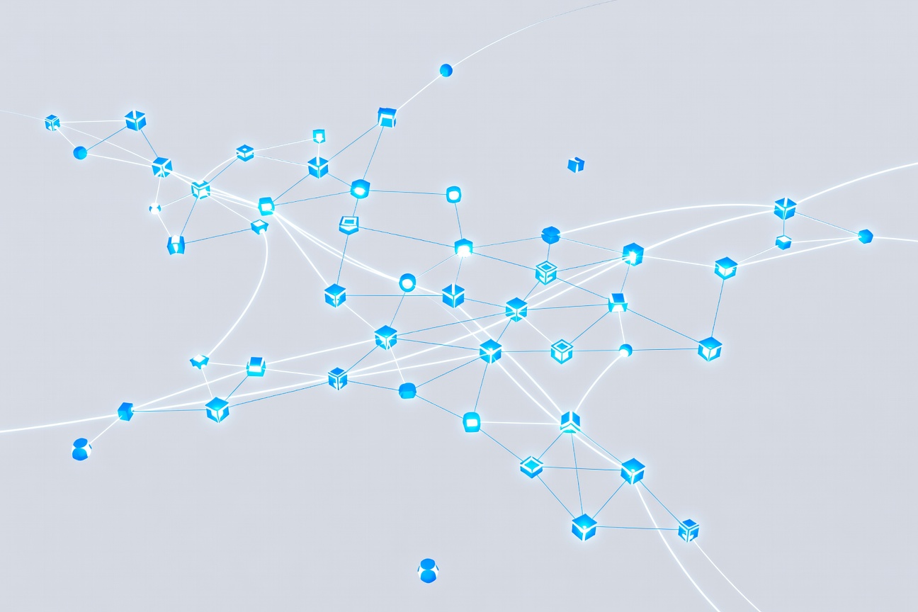 A network of interconnected floating nodes pulsing with data streams in a vast digital space, electric blue and white geometric forms
