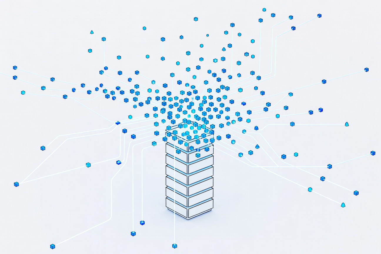 A towering server rack dissolving at its top into floating geometric API nodes and glowing connection lines, no screens or humans visible