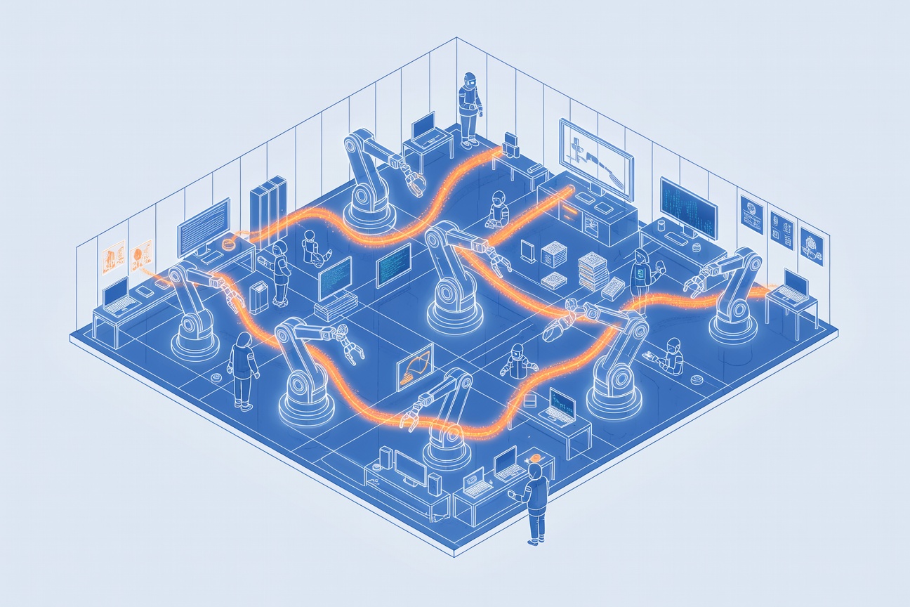 A glowing blueprint of an automated factory floor with interconnected robotic arms and flowing data streams