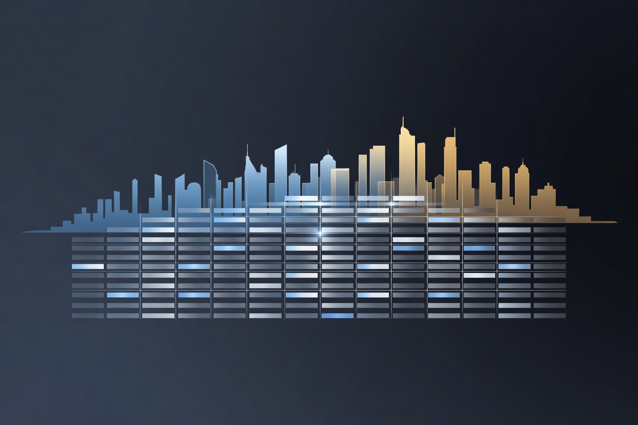 Abstract blue and silver data table structure merging with a glowing enterprise building silhouette on a dark background