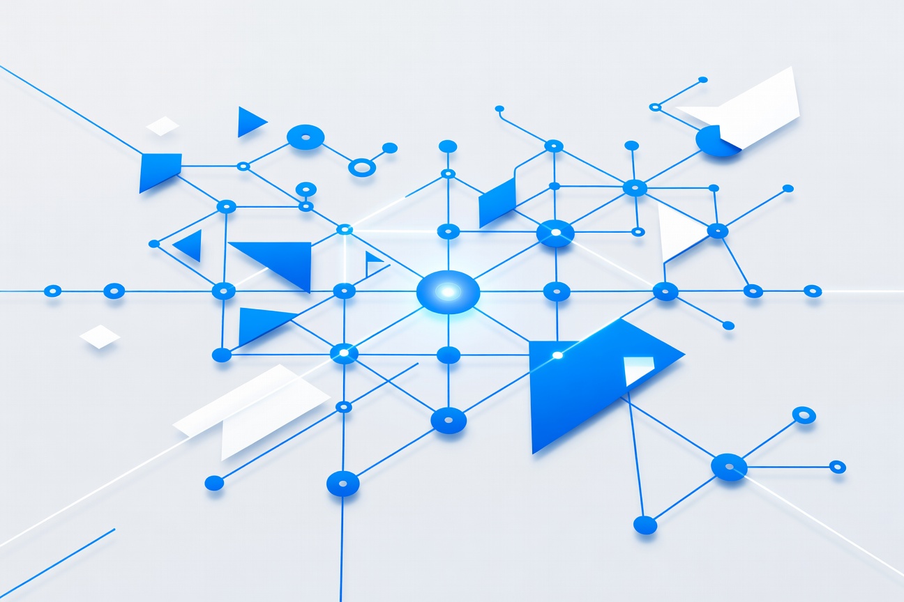 Interconnected geometric nodes forming a vast enterprise network with a glowing central intelligence core