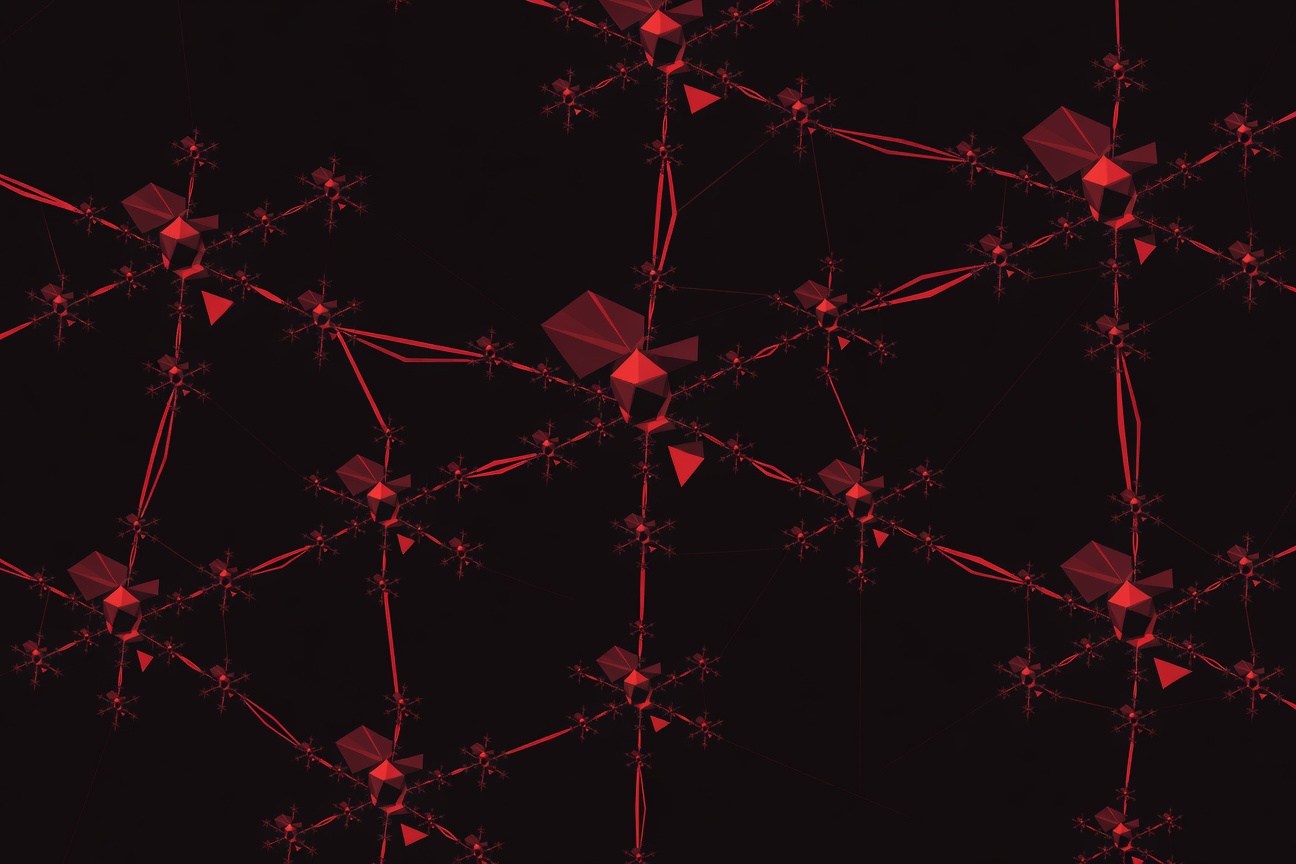 Abstract dark red and black fractal network representing autonomous propagation through interconnected nodes