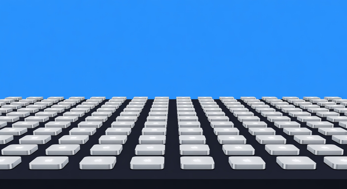 Two hundred identical silver Mac Mini computers arranged in rows on a dark stage, each with a custom engraving glowing faintly