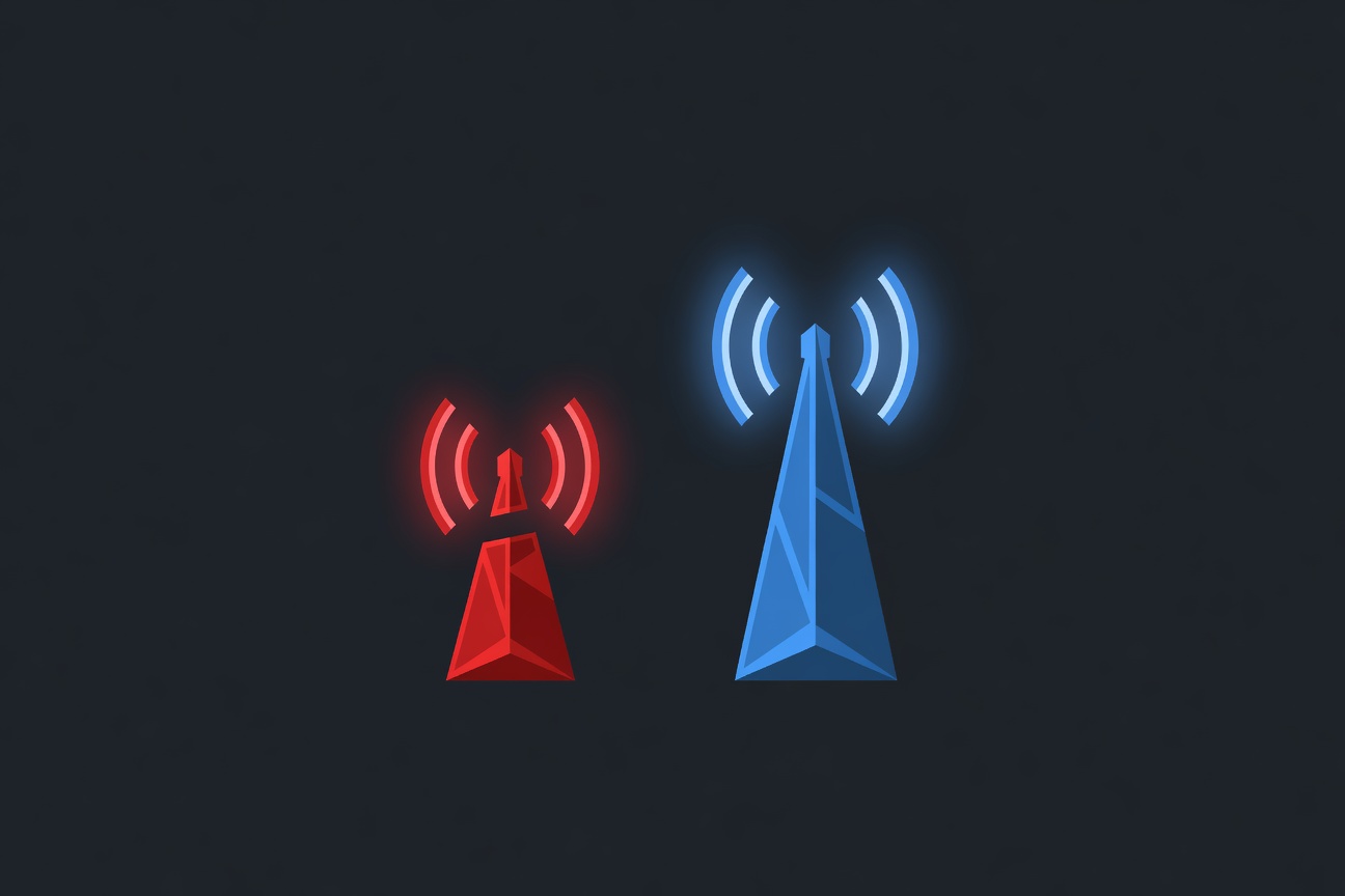 Two abstract AI signal towers, one glowing red with an urgent warning light, the other blue and taller