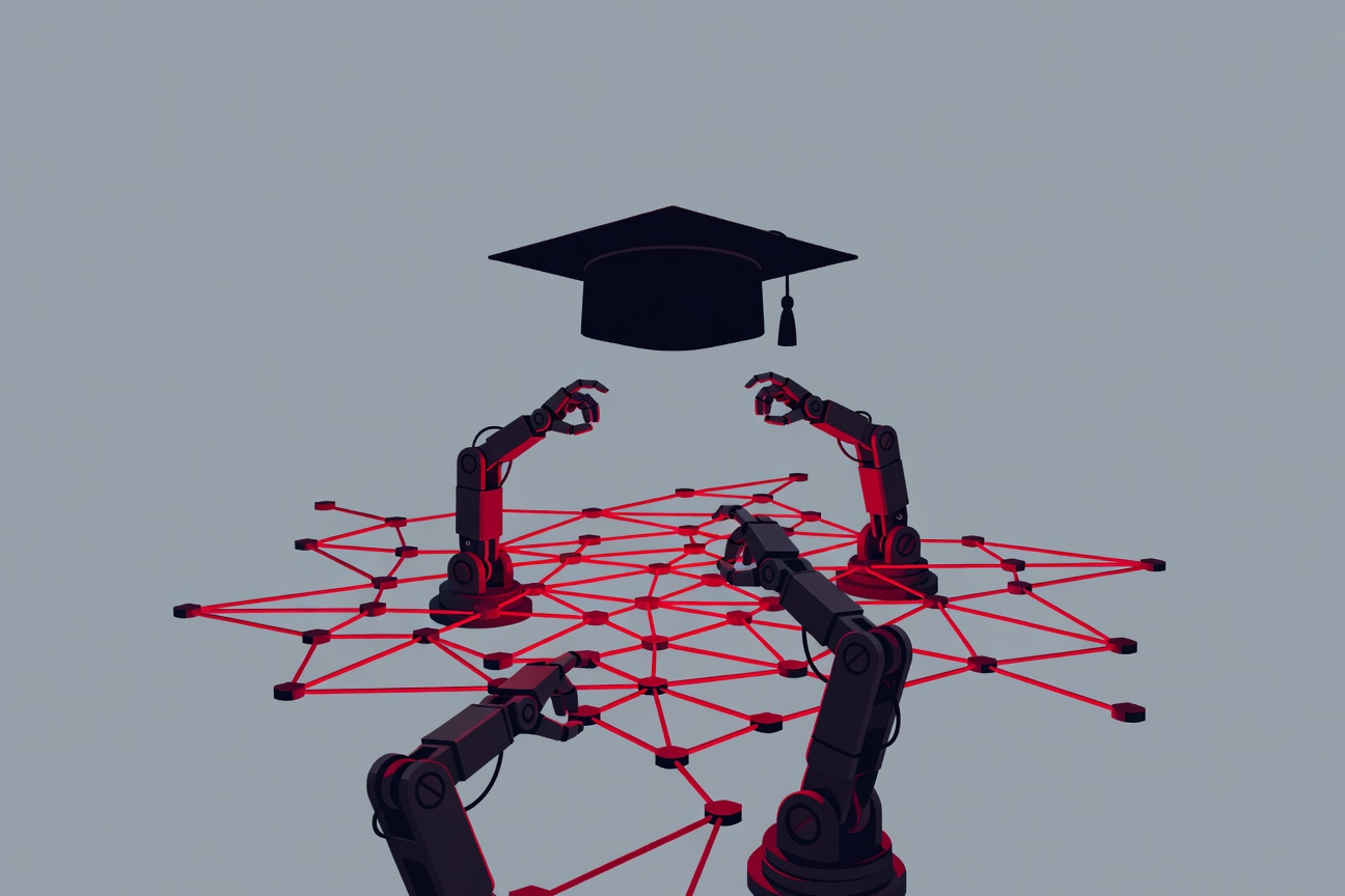 An empty graduation cap floating above a glowing maze of automated workflow diagrams