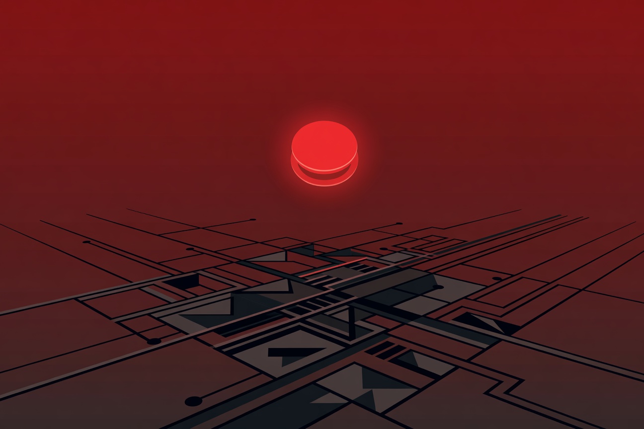 Abstract red emergency stop button floating above a glowing circuit grid representing enterprise AI infrastructure
