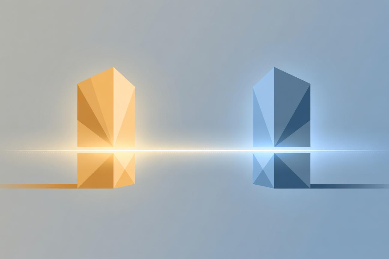 Two large abstract monoliths facing each other across a glowing digital divide, one radiating warm amber light and one cold blue, representing competing policy forces