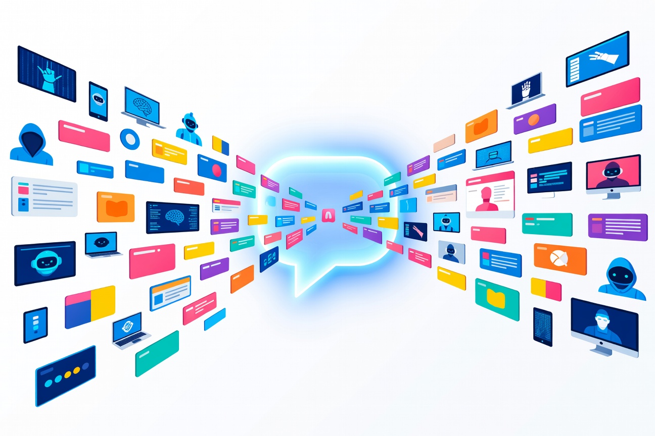 Abstract shopping interface inside an AI chat bubble with merchant product cards floating in a digital marketplace