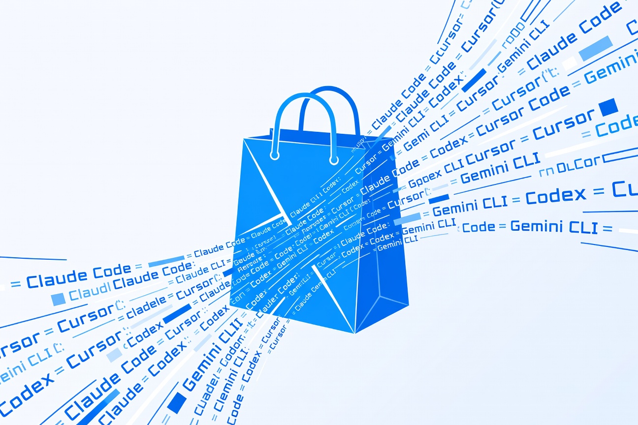 Abstract shopping bag silhouette dissolving into flowing code streams, minimal flat vector style