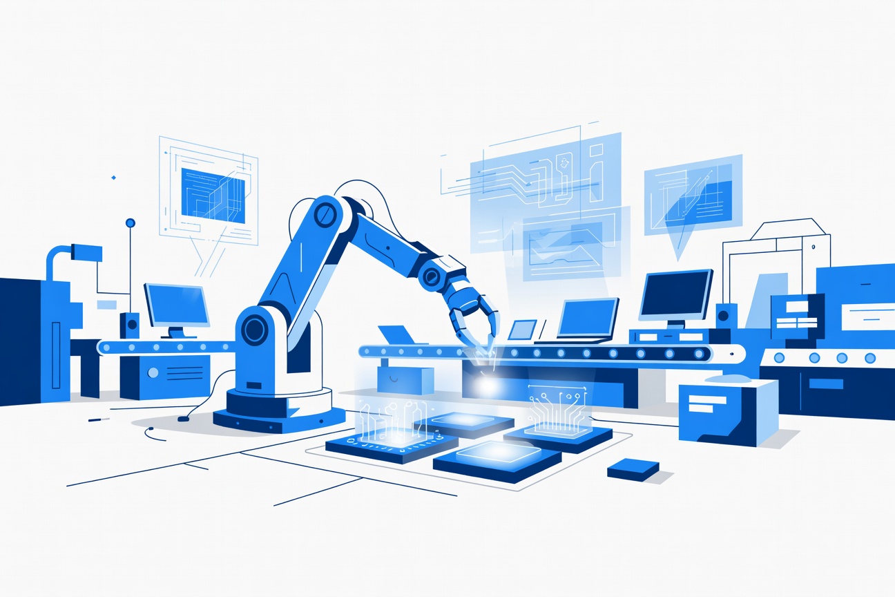 A robotic arm assembling glowing circuit modules on a factory floor, with holographic engineering diagrams floating overhead