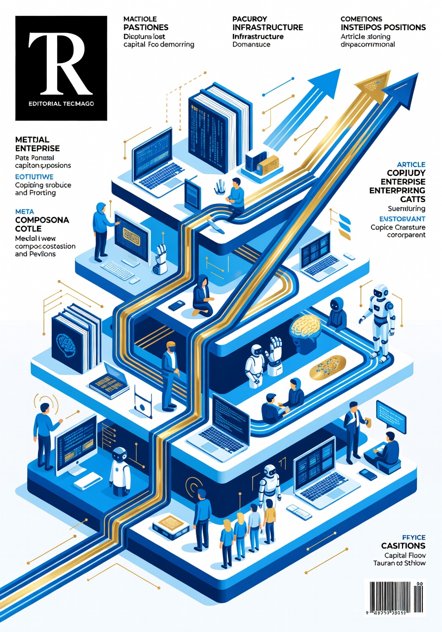 Abstract bold geometric shapes representing enterprise platform layers and capital flows in deep blue and gold