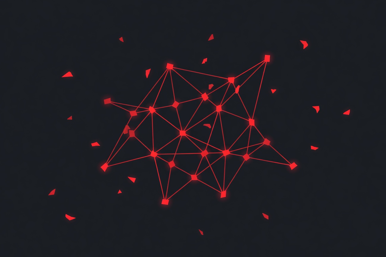 Abstract network of tangled glowing nodes with scattered disconnected tokens, representing AI system complexity and token waste