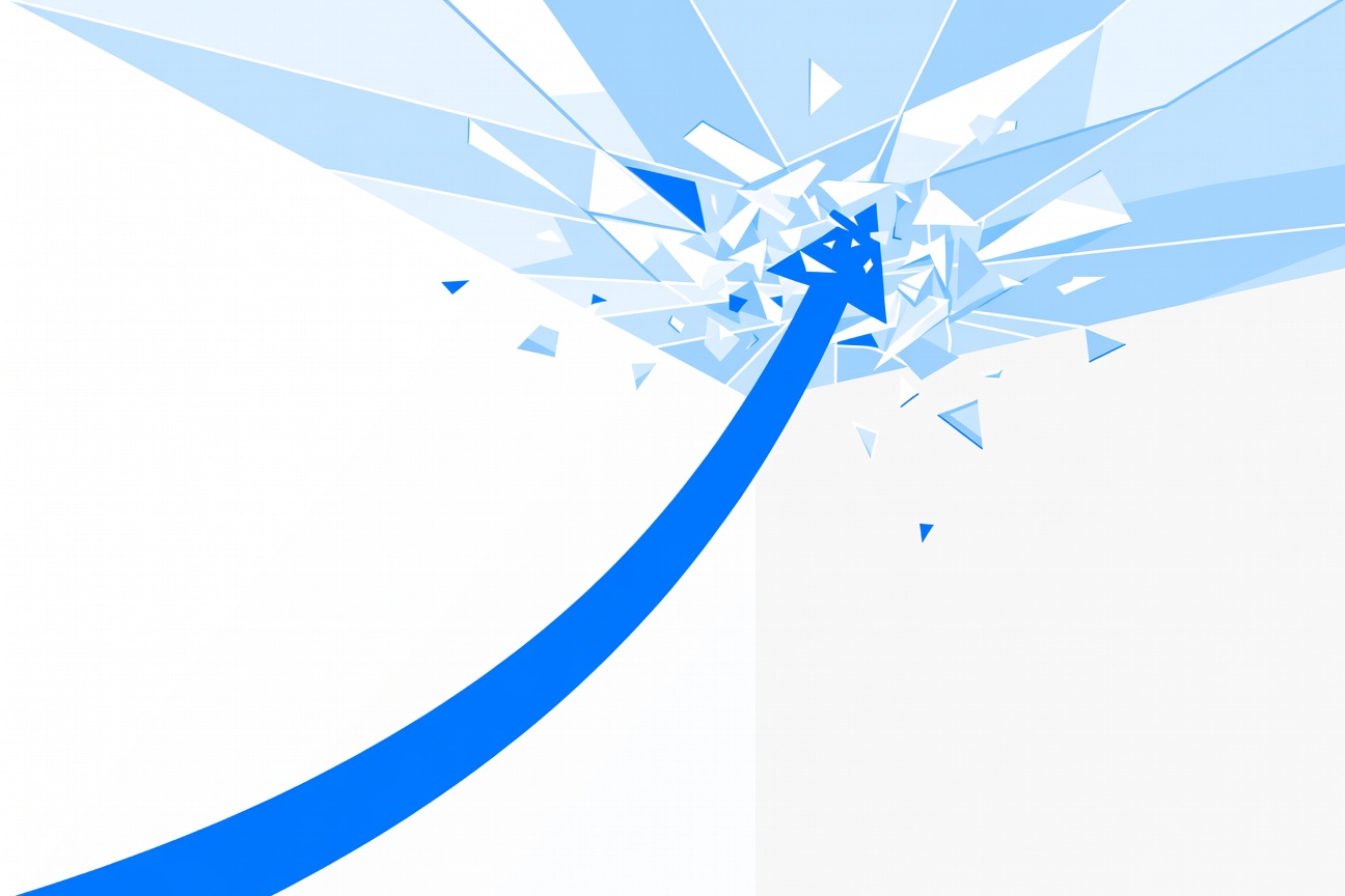 An upward-trending line breaking through a glass ceiling with glowing dollar symbols and AI circuit patterns in the background