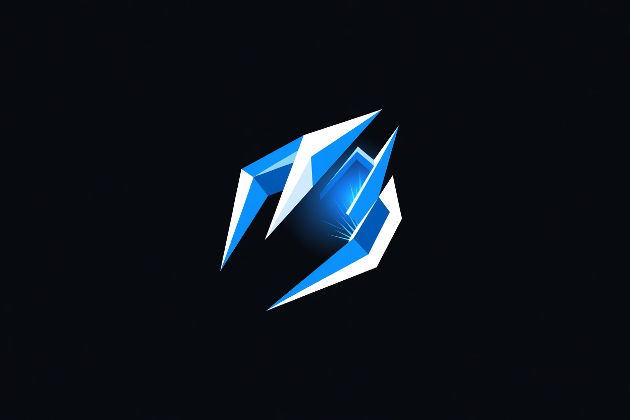 A powerful angular geometric shape — half-open claw or jaw — glowing blue against a dark background, suggesting raw capability contained by safety rails