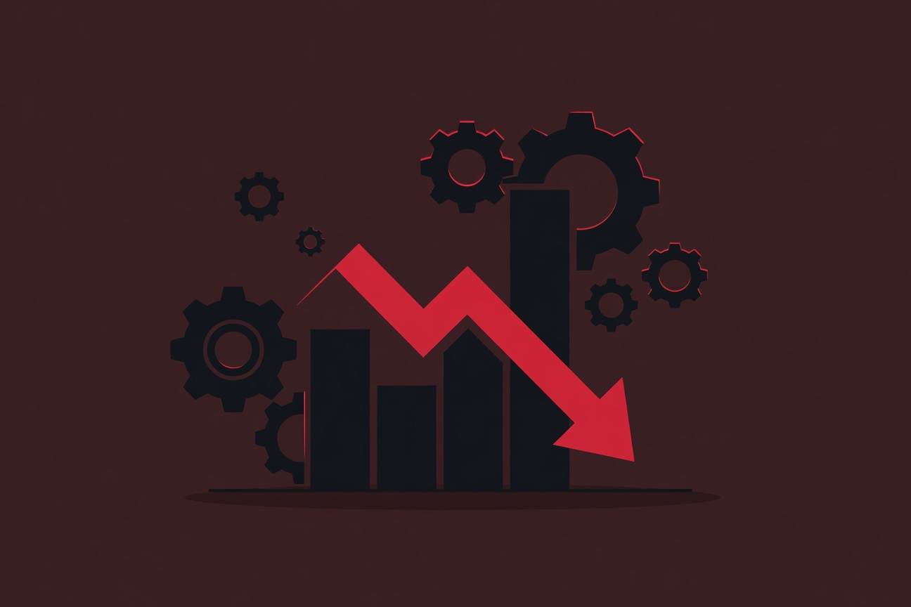 A bar chart with a dramatic downward arrow, surrounded by gears that are disengaged — abstract representation of a rollback in production systems