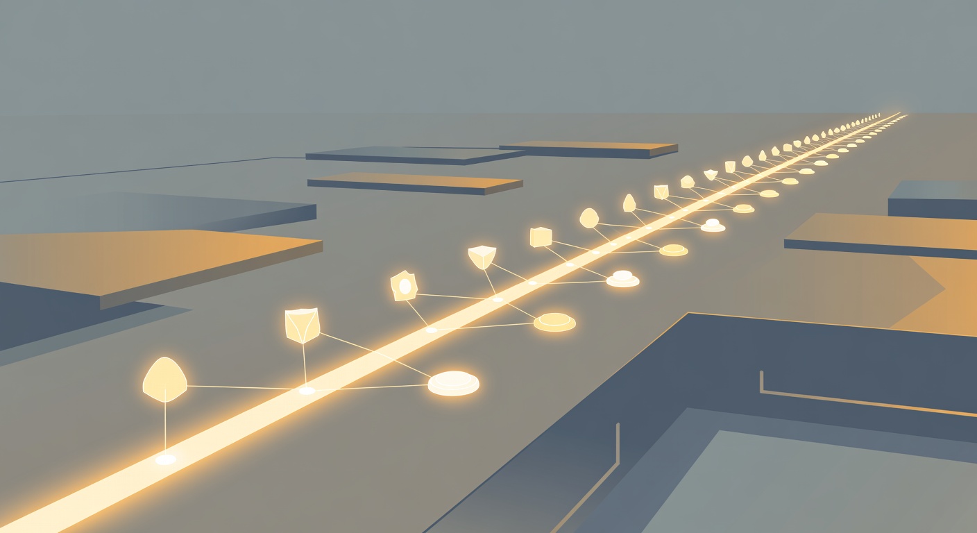 A glowing timeline ribbon stretching into the horizon through a digital landscape of interconnected floating nodes