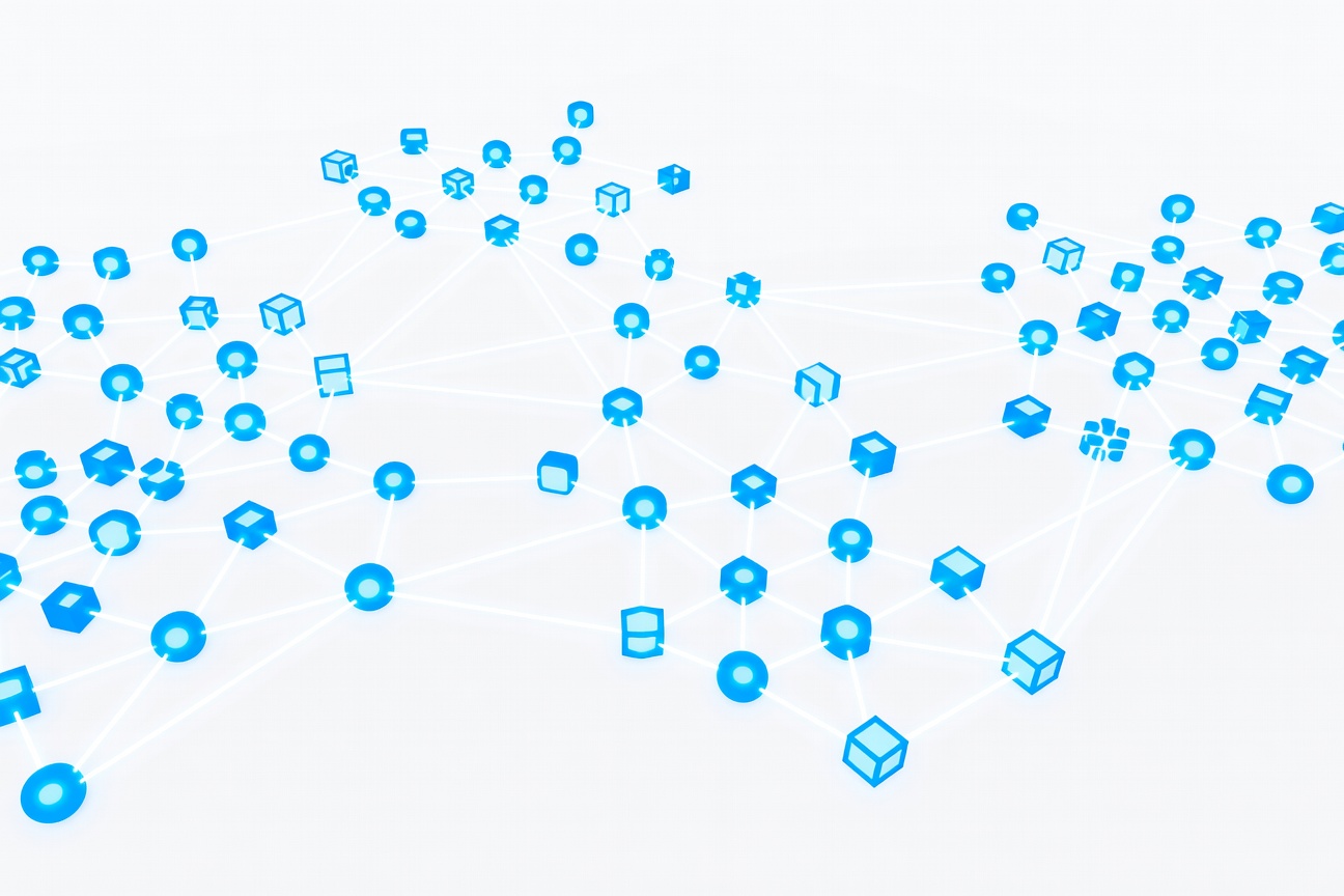 Interconnected glowing nodes in a network mesh, representing agentic coordination across enterprise tools