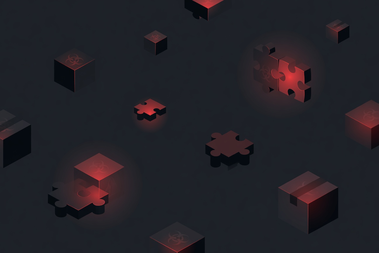 A dark digital marketplace with floating puzzle pieces containing hidden skull symbols, representing malicious code hidden inside AI agent skill packages