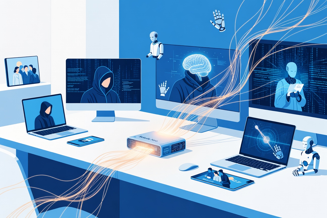 A compact modern device glowing softly on a home desk, connected to abstract AI neural network lines