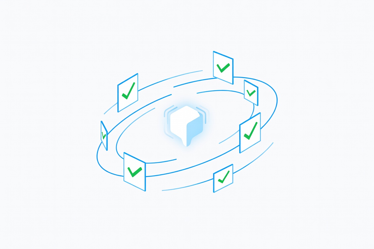A series of floating geometric score cards with green checkmarks orbiting a central AI node