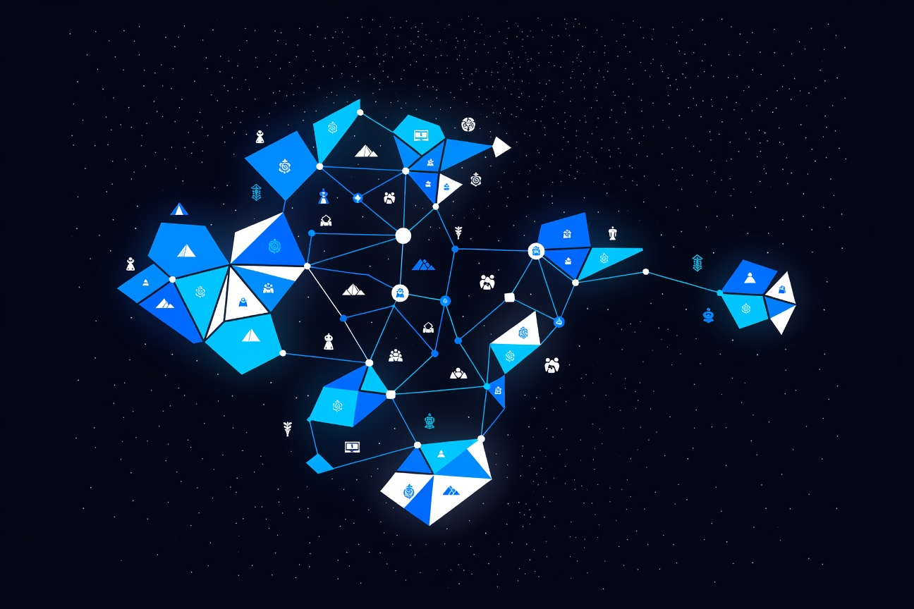 A glowing space colony map with branching faction territories in different colors, dotted with small symbolic icons representing distinct AI civilizations forming