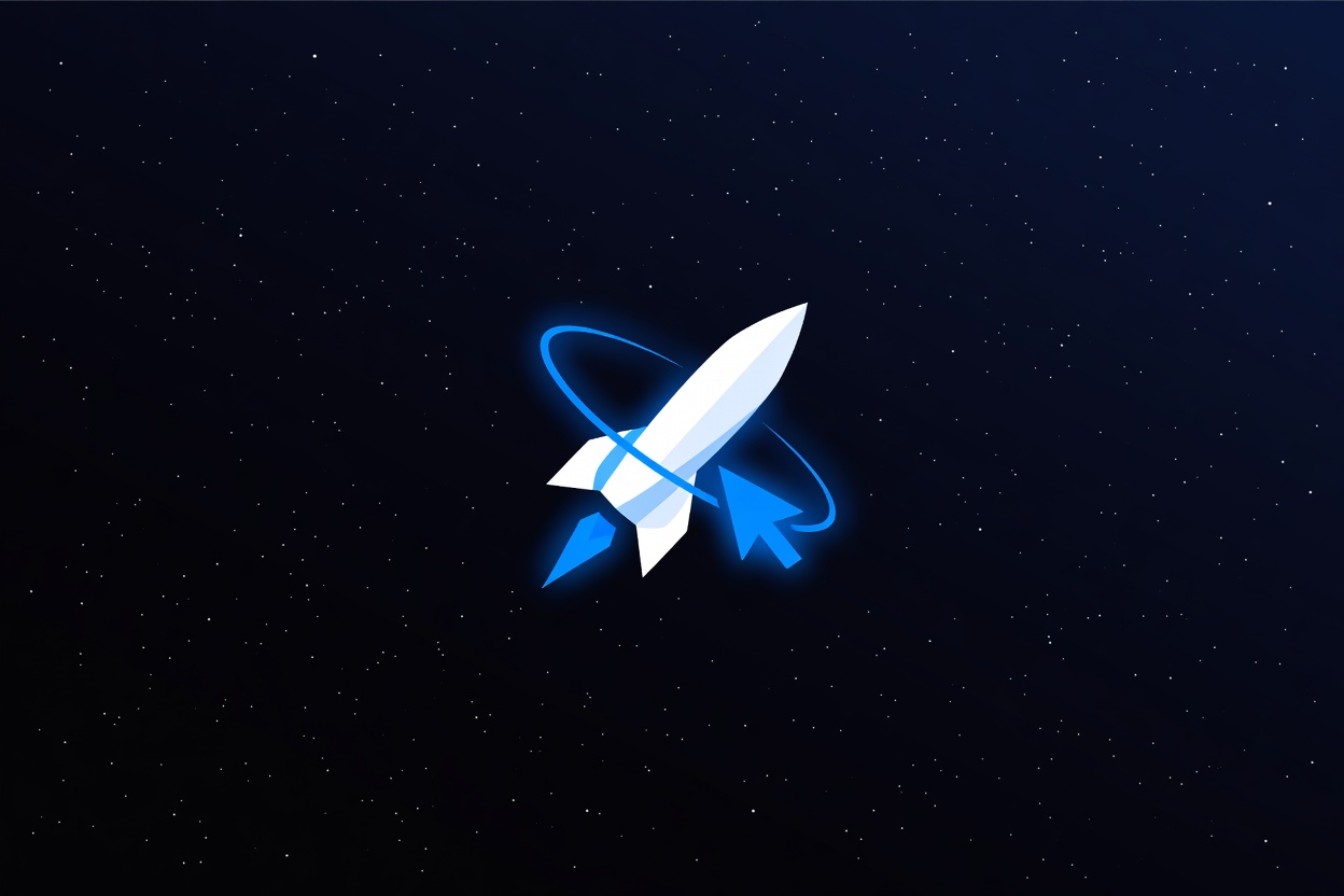 A rocket and a cursor arrow merging together in deep space with binary code flowing between them