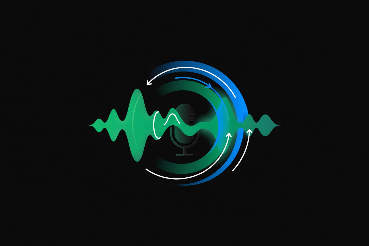 Abstract sound waves forming a glowing green spiral on a dark background, podcast microphone silhouette