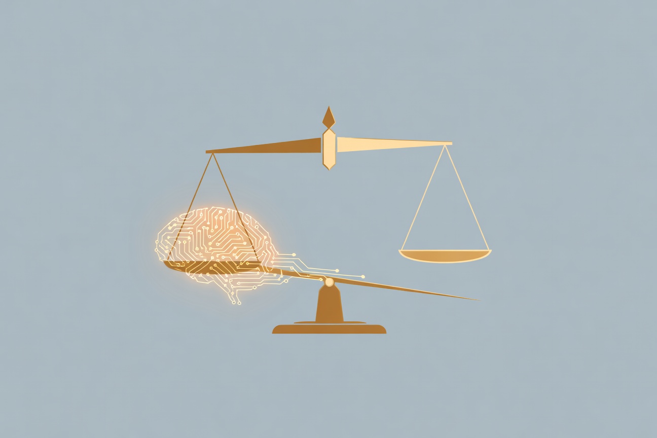 Abstract scales of justice tilting, with glowing circuit patterns in the balance, representing AI preference drift