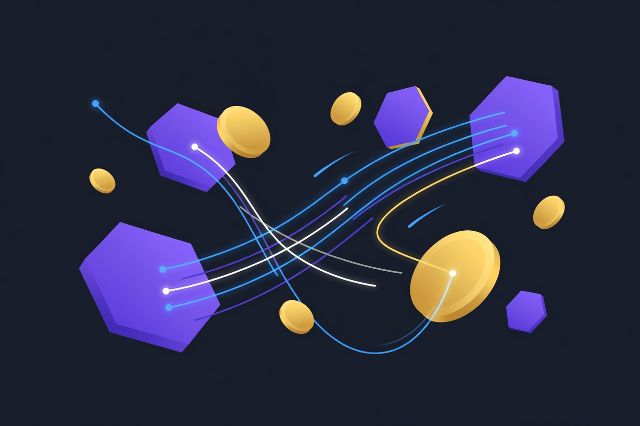 Abstract digital wallet with floating geometric payment tokens and interconnected flow lines in violet and gold on dark background