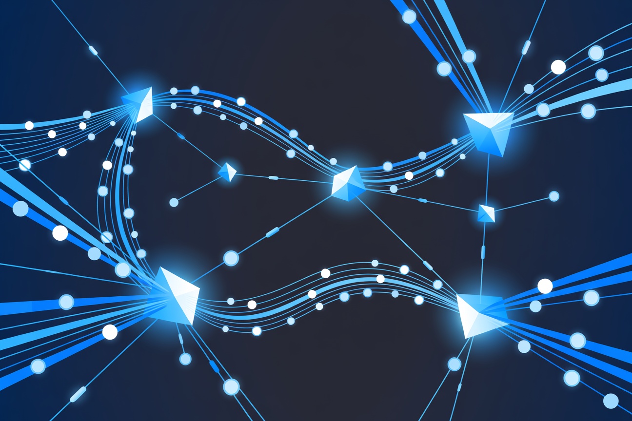 Abstract network of glowing payment nodes connected by flowing digital currency streams against dark background