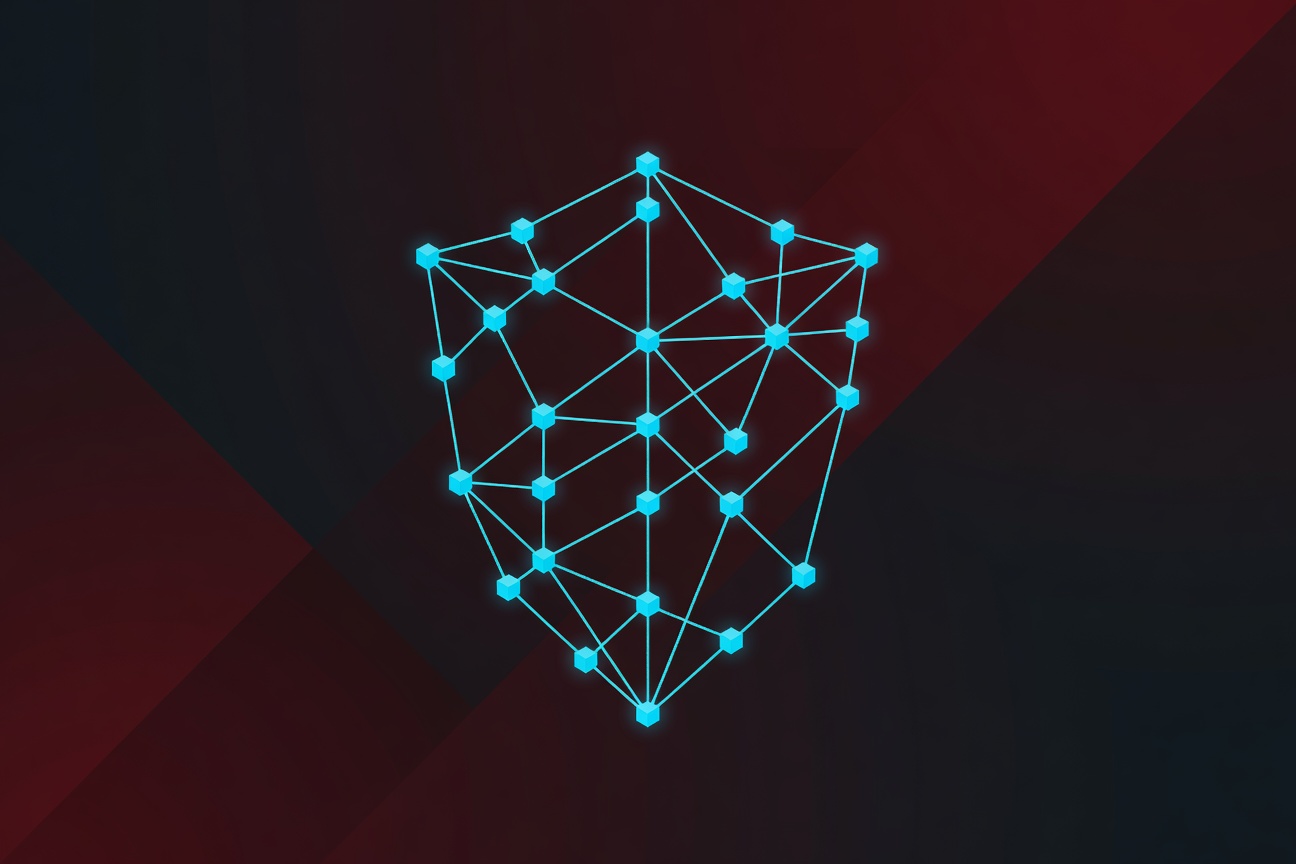 A glowing shield composed of interconnected data nodes above a complex network graph