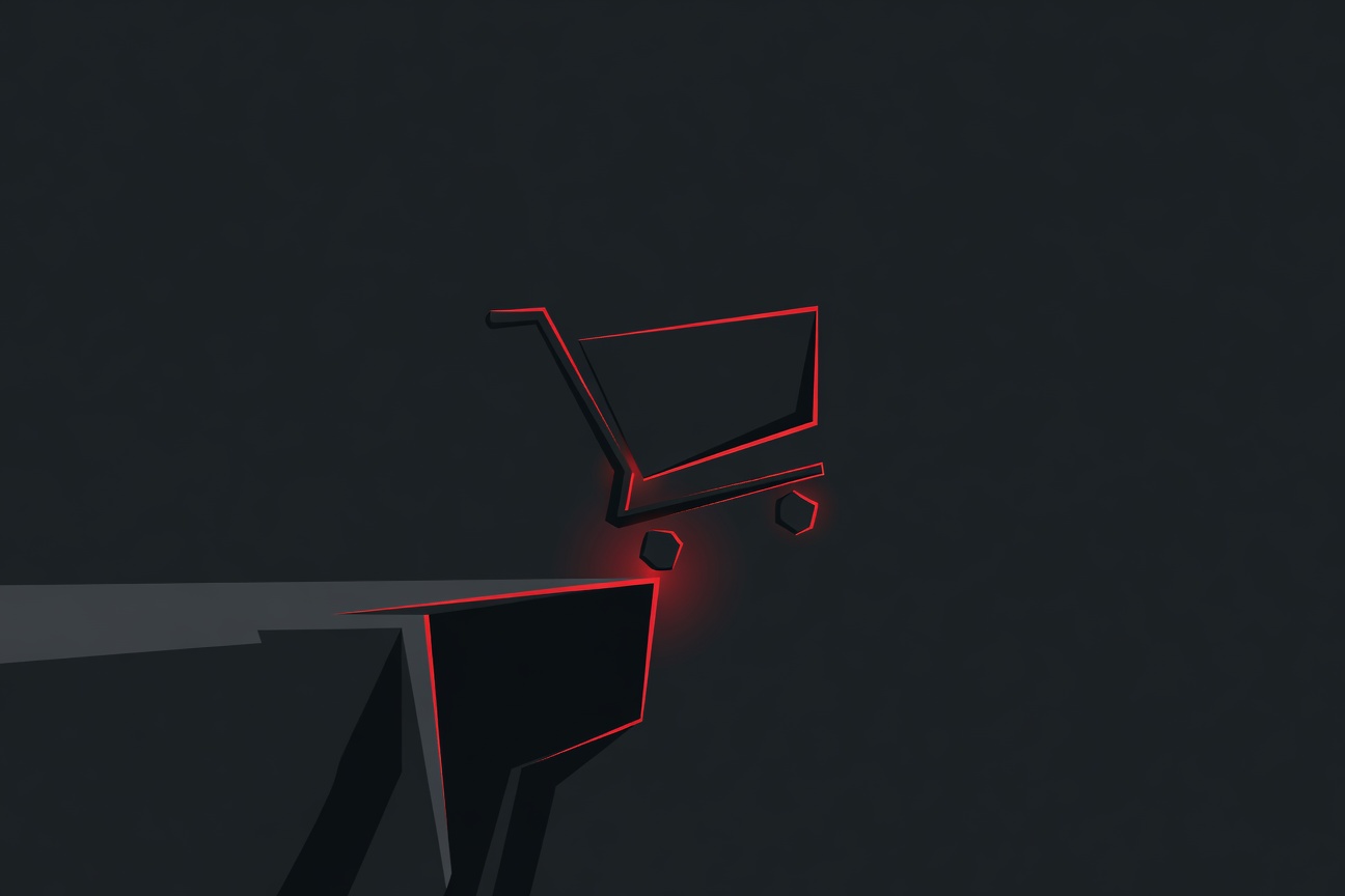 A shopping cart with a glowing AI circuit pattern rolling away autonomously while a small human figure watches helplessly